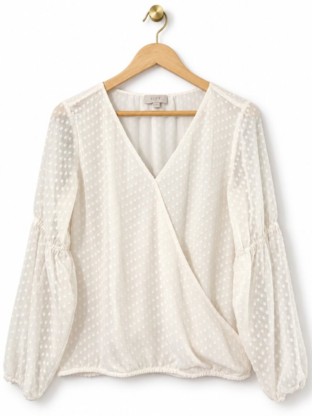LOFT White Swiss Dot Faux Wrap Blouse XS Balloon Sleeve Romantic Cottagecore